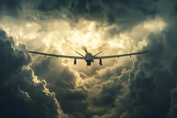 A small plane is flying through a stormy sky