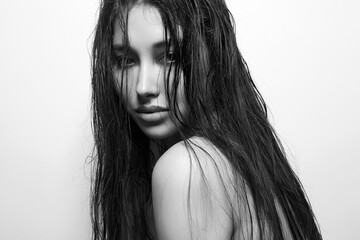 beautiful girl with wet hair. young woman black and white Portrait - 776302760