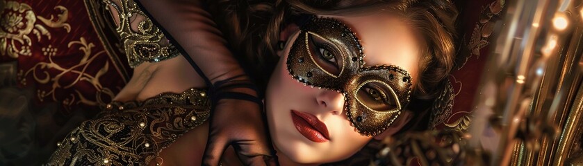 An elegant woman wearing a mask lies in a luxurious boudoir setting - obrazy, fototapety, plakaty