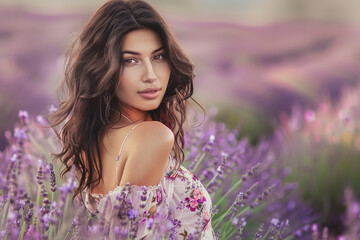 A woman is standing in a field of purple flowers