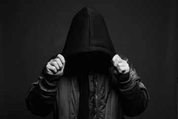 Stylish Man in Black Hood. Trendy wear Boy in a hooded sweatshirt - obrazy, fototapety, plakaty