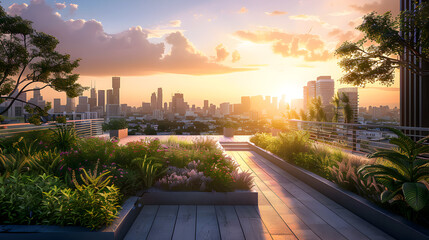 The warm glow of the sunset envelops a modern rooftop garden and cityscape, blending urban architecture with natural elements. - obrazy, fototapety, plakaty