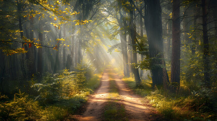 A serene forest path is lit by sunlight piercing through the morning mist, creating a peaceful and mystical woodland atmosphere.