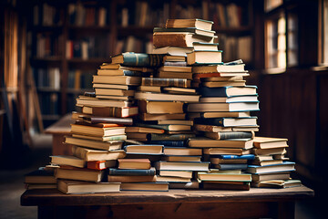 Pile of old books on a wooden table in the library.