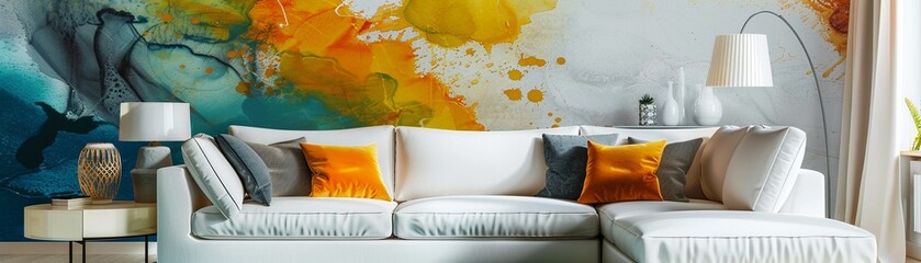 Spacious and elegant living room interior with a comfortable white sectional sofa and abstract wall art.