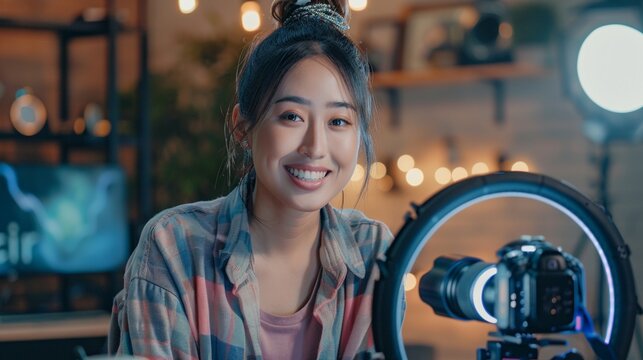 Asian Female Vlog Influencer Streaming Live in Studio