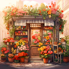 Fototapeta na wymiar Flower shop in the old town. Colorful illustration.