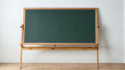 an empty green chalkboard on a wooden stand against a white wall, ready for a lesson or presentation - Powered by Adobe