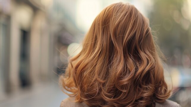 woman seen from behind with light brown, wavy hair generative ai