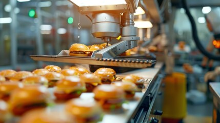 Hamburger factory. Mass automated conveyor fastfood production - obrazy, fototapety, plakaty