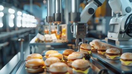 Hamburger factory. Mass automated conveyor fastfood production