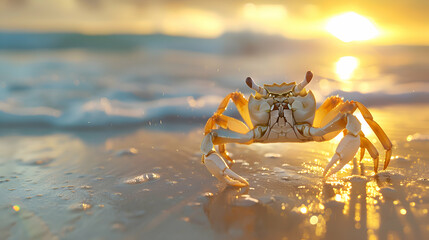 A majestic crab crawling across a sandy beach, illuminated by the warm glow of sunset, with soft waves crashing in the background