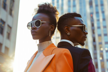 African-American luxury fashionable couple in the city, copy space of a magazine pose of two models with backlit sunglasses and stylish seasonal clothes