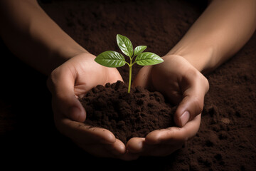 Une jeune plante verte et son terreau placés entre deux mains en signe de protection et de durabilité sur un fond sombre