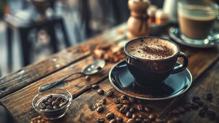 cup of coffee with beans on a wooden table - obrazy, fototapety, plakaty