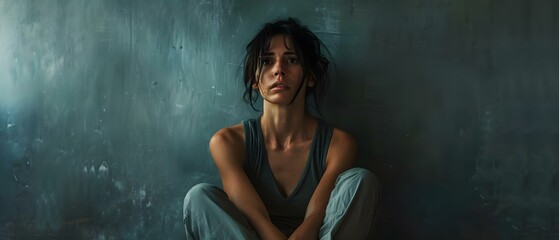 A cinematic background of a woman with PTSD sitting alone in a dark room. Concept Portrait Photography, Emotive Expression, Mental Health Awareness - obrazy, fototapety, plakaty