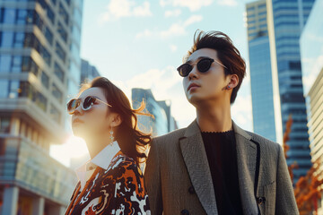 Korean luxury fashionable luxury couple in the city, backlit copy space of a man and woman looking at the sky with their sunglasses between skyscrapers - Powered by Adobe