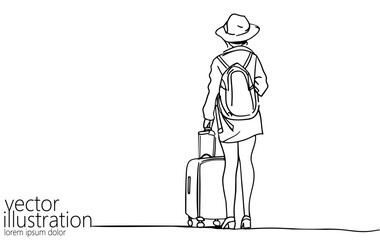 Continuous one single line art travel girl concept. Beautiful woman fashion tourist hand drawn sketch. Summer voyage agency white monochrome vector illustration