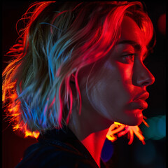 Blond Woman Expressing Anger, Side Profile with Neon Lighting and Blur
