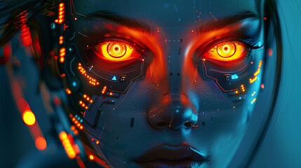 Futuristic female robot face, AI  - obrazy, fototapety, plakaty