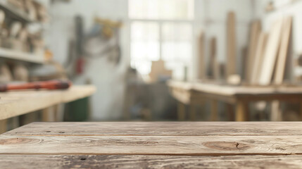 Rustic wooden table in a carpentry workshop with blurred background