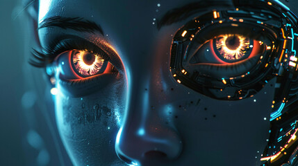 Futuristic female robot face, AI 