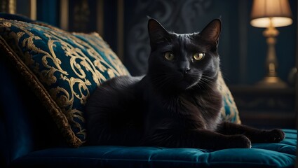 An elegant black cat with yellow eyes sits on a plush blue velvet sofa, next to a gold-embroidered cushion, under soft lamp light

 - Powered by Adobe