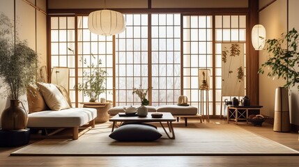 A Japandi style living room, interior close to nature, embraces natural elements to create a serene and harmonious space. - obrazy, fototapety, plakaty