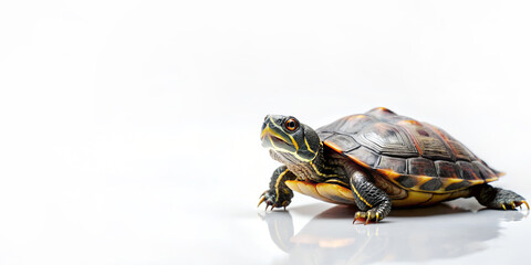 Close up of a turtle walking in a white background. Longevity, good life, sacred animals, enhanced prestige, progress.