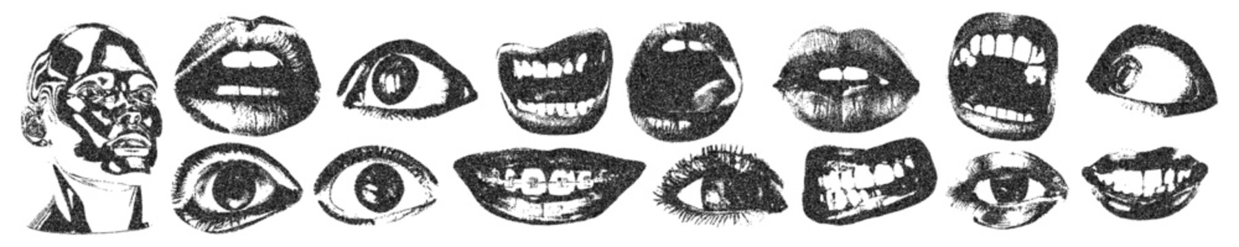Eyes, mouth, head with halftone stipple effect, for grunge punk y2k collage design. Pop art style dotted crazy elements. Vector illustration for vintage emo gothic banner, music poster