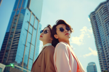 Korean luxury fashionable luxury couple in the city, copy space of some expensive clothes models posing for magazine with skyscrapers