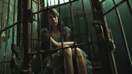 Fototapeta na wymiar Young Female Enclosed Within a Vast Cage 
