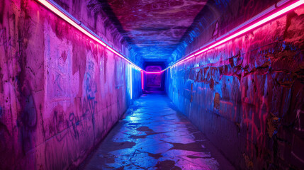 Neon-Lit Underground Tunnel Passage
