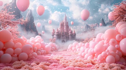 Fantasy castle surrounded by pink cherry blossoms and floating balloons in a magical landscape