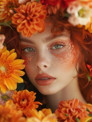 A woman with orange hair and makeup is surrounded by orange flowers. The image has a warm and vibrant mood, with the orange flowers and makeup creating a sense of energy and excitement