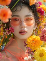 Asian woman is wearing orange glasses and is surrounded by flowers in springtime. The image has a bright and cheerful mood, with the woman's outfit and the colorful flowers creating a sense of happine
