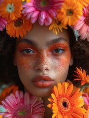 A woman with orange makeup and a flower crown on her head. The flowers are orange and pink