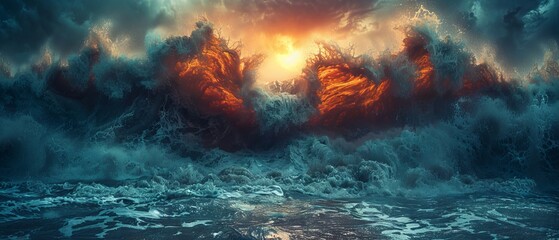 An apocalyptic background with giant tsunami waves and stormy skies - obrazy, fototapety, plakaty