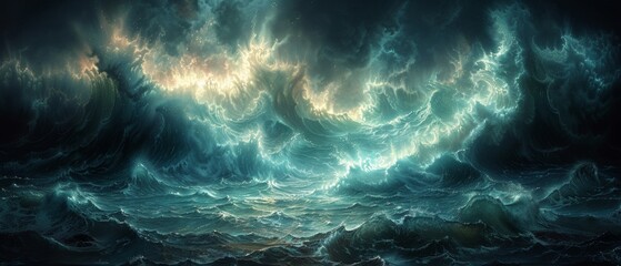 Stormy, dark, apocalyptic background of giant tsunami waves - obrazy, fototapety, plakaty