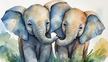 Watercolor illustration two baby elephants trunk hugging 