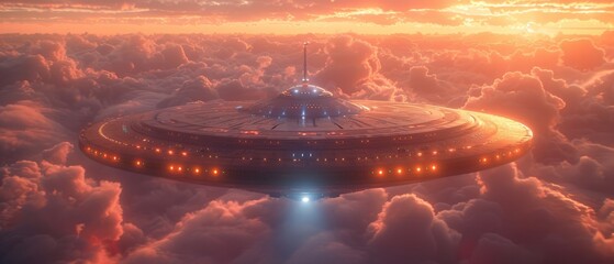 This is an amazing fantastic background - a spaceship flying above clouds, a ufo with blue spotlights in a red sky glowing with red light. - obrazy, fototapety, plakaty