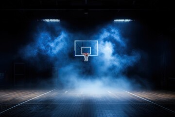 dark and dramatic high school basketball court, basketball hoop, blue smoke, blue led lights