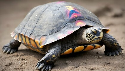 A-Turtle-With-Its-Shell-Covered-In-Patches-Of-Vibr- 3 - obrazy, fototapety, plakaty
