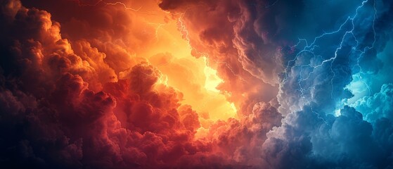Background of a weather forecast concept. Bright blue sky and sunny weather; dark stormy sky with lightning; sunset and night time.