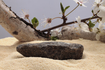 Stones platform podium on beige sand background. Minimal empty display product presentation scene.