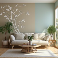 Minimal living room interior design with leaves tree in wall art Generative AI
