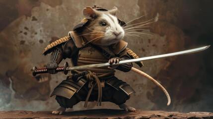 Gallant rodent warrior poised for battle, armored and sword-drawn in an ancient stance. - obrazy, fototapety, plakaty