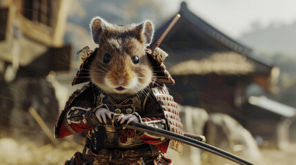 Samurai Hamster in Traditional Armor Holding a Sword in an Ancient Japanese Village