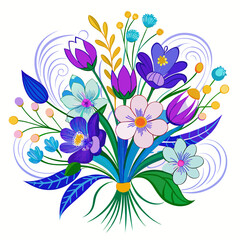 Fototapeta na wymiar Natural A bouquet of flowers with a blue and purple line art drawing 