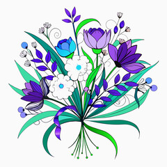 Natural A bouquet of flowers with a blue and purple line art drawing 